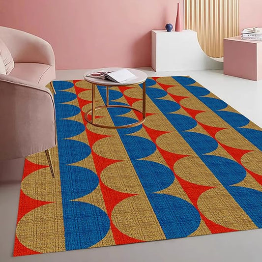 Modern Geometric Area Rug with 3D Layered Double Circle Texture Blue and Brown Red Abstract Minimalist Rugs for Living Room Bedroom Nursery Room Playroom Home Office Washable Indoor Carpet 6x9