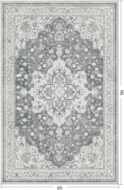 Marsail 6x9 Machine Washable Area Rug, Soft & Slip-Resistant Large Area Rug with Reinforced Bound Edges, Vintage Short-Pile Washable Rug with Floral Pattern for Living Room, Dinning Room and Bedroom