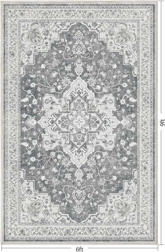 Marsail 6x9 Machine Washable Area Rug, Soft & Slip-Resistant Large Area Rug with Reinforced Bound Edges, Vintage Short-Pile Washable Rug with Floral Pattern for Living Room, Dinning Room and Bedroom