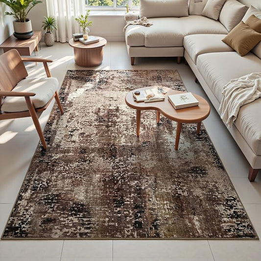 Area Rug 4x6 Brown Rug Washable Boho Rugs Non Slip Low Pile Abstract Coffee Small Carpet for Entryway, Bedroom, Kitchen, Classroom, Kids Room, Office, Dorm, Dining Room