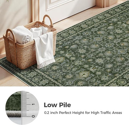 LIVEBOX Washable Area Rug 8x10 - Large Green Boho Living Room Rug Vintage Rugs for Bedroom, Non-Slip Retro Floral Carpet Print Distressed Accent Rugs for Dining Room Home Office