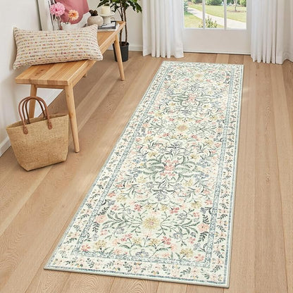 Lahome Washable Runner Rug 2x6, Boho Kitchen Runner Rugs 24 x 72 Non Slip,Vintage Indoor Throw Carpet for Bedside Hallway Entry Bedroom Laundry, Beige/Multi