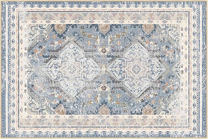 Phantoscope Washable Area Rug 4'x6' Non-Slip, Vintage Neutral Rugs for Living Room, Bedroom, Dining Room, Distressed Boho Geometric Medallion Pattern, Low-Pile Foldable Floor Carpet, Dusty Blue/Multi
