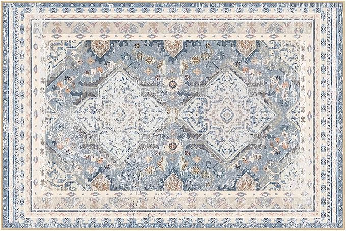 Phantoscope Washable Area Rug 6'x9' Non-Slip, Vintage Neutral Rugs for Living Room, Bedroom, Dining Room, Distressed Boho Geometric Medallion Pattern, Low-Pile Foldable Floor Carpet, Dusty Blue/Multi