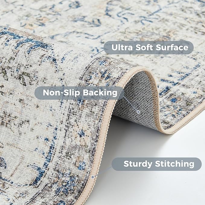 jinchan Kalen Area Rug 9x12 Washable Living Room Rug Vintage Indoor Large Floor Cover Retro Distressed Floral Country Boho Lightweight Non Slip Thin Carpet for Kitchen Bedroom Dining Room Office Blue