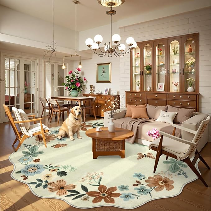 Lahome Floral Washable Round Area Rug, Soft Round Rugs 6ft Ultra-Thin Non-Slip, Boho Large Circle Carpet for Bedroom Living Room Kitchen Nursery, Beige