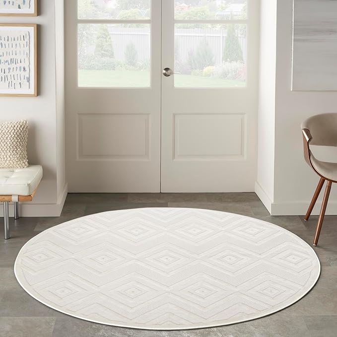 Nourison Home Versatile Ivory White 4' x Round Area Rug - Easy Clean, Non Shedding, Bed Room, Living Room, Dining Room, Kitchen (4' x Round)