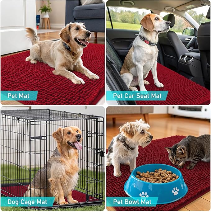 OLANLY Dog Door Mat for Muddy Paws 24x16, Absorbs Moisture and Dirt, Absorbent Non-Slip Washable Doormat, Quick Dry Chenille Mud Mat for Dogs, Entry Indoor Entryway Carpet for Inside Floor, Red