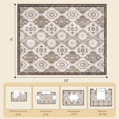 EnHomee 8x10 Area Rug, Soft Washable Rugs for Living Room Bedroom, Boho Non Slip Low Pile Stain Resistant Washable Rug Large Area Rugs for Dining Room,Easy to Clean Living Room Rug, Khaki