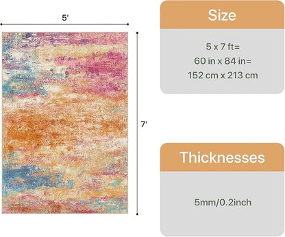 5x7 Area Rugs Washable Pink Rug for Living Room Nursery, Modern Abstract Large Rug Non Slip, Water Repellent Low Pile Soft Carpet for Bedroom, Dining Room, Home Office, Colorful Pink