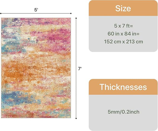 5x7 Area Rugs Washable Pink Rug for Living Room Nursery, Modern Abstract Large Rug Non Slip, Water Repellent Low Pile Soft Carpet for Bedroom, Dining Room, Home Office, Colorful Pink