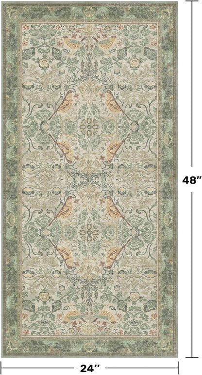 Washable Sage Green Floral Rugs for Entryway - Small 2x4 Runner Rug for Kitchen Bathroom Door Mat Indoor Entrance with Bird & Botanical Pattern, Light Green and Beige, Non Slip Low Pile