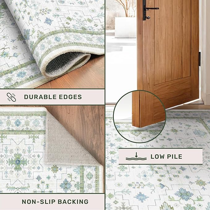 Cream Oushak 6x9 Bedroom Rug - Boho Floral Cool Blue and Green, Washable Low Pile Non-Slip Ultra-Thin Large Area Rugs for Bed Room, Living Room, Playroom