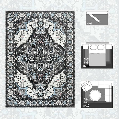 Large Area Rugs 9x12 for Living Room, Bedroom, Washable Vintage Rugs -Low Pile Distressed Rugs for Kitchen, Dining Room, Water Repellent & Non Shedding, Black and Blue