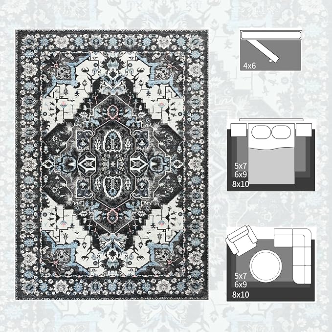 Large Area Rugs 8x10 for Living Room, Bedroom, Washable Vintage Rugs -Low Pile Distressed Rugs for Kitchen, Dining Room, Water Repellent & Non Shedding, Black and Blue