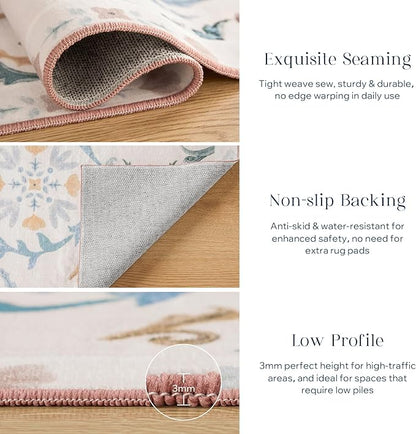 Phantoscope Washable Area Rug 5'x7' Non-Slip, Vintage Floral Boho Rugs for Living Room, Bedroom, DiningRoom, Soft Botanical Moroccan Pattern, Low-Pile Foldable Floor Carpet, Ivory Pink/Boho Garden