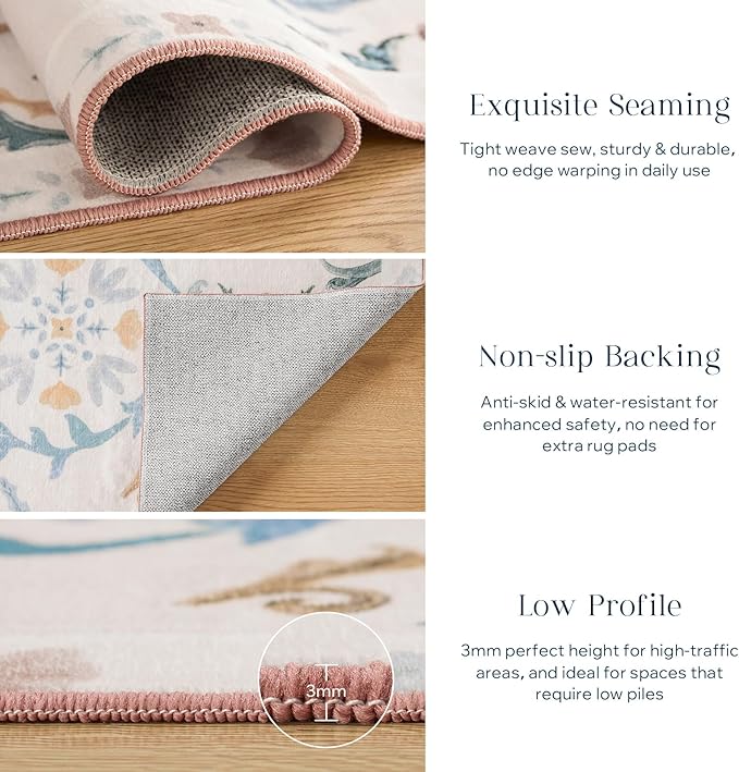 Phantoscope Washable Area Rug 8'x10' Non-Slip, Vintage Floral Boho Rugs for Living Room, Bedroom, DiningRoom, Soft Botanical Moroccan Pattern, Low-Pile Foldable Floor Carpet, Ivory Pink/Boho Garden