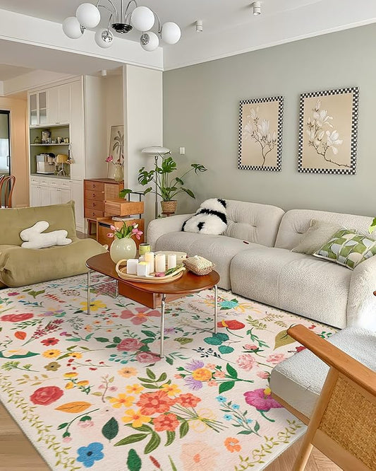 Boho Washable Area Rug 6x9 for Living Room, Bedroom, Office, Playroom, Kitchen or Dining Room, Soft Floral Carpet for Indoor Use, Easy Care Non-Slip Design (Beige)