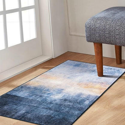 Phantoscope Washable Runner Rug 2'x3' Non-Slip, Vintage Boho Hallway Rugs for Entryway, Stair, Bedroom, Dining Room, Distressed Sunrise Pattern, Low-Pile Foldable Floor Carpet, Navy Blue/Beige