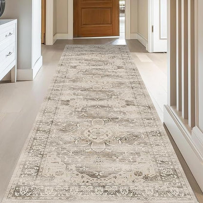 Washable Runner Rugs for Hallways 2x8 Non-Slip Hallway Runner Rugs for Entrance Bedroom Low Pile Vintage Runners Beige