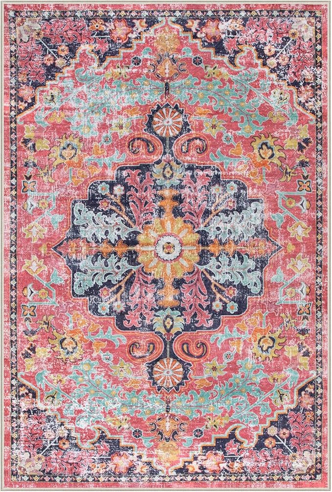 Lahome Bohemian Floral Medallion Area Rug - 4x6 Hot Pink Entryway Rug Soft Laundry Room Mat, Non-Slip Machine Washable Nursery Accent Carpet for Dorm Department Kitchen Office, Fuchsia/Multi