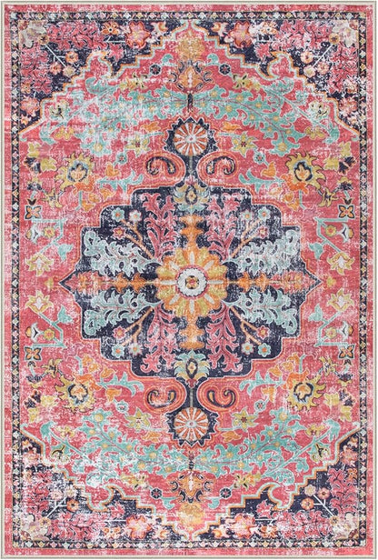 Lahome Bohemian Floral Medallion Area Rug - 4x6 Hot Pink Entryway Rug Soft Laundry Room Mat, Non-Slip Machine Washable Nursery Accent Carpet for Dorm Department Kitchen Office, Fuchsia/Multi