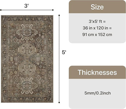 Bavni 3x5 Area Rug for Living Room Bedroom, Washable Boho Print Vintage Aesthetic Rug, Ultra-Thin Low Pile Rugs for Entryway Playroom with Non Slip Backing, Brown