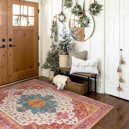 Moynesa Ultra-Thin Washable Area Rug - 4x6 Pink Rugs for Bedroom Girls Vintage Rug for Living Room, Non Slip Non Shedding Low Pile Indoor Throw Carpet for Nursery Office Entryway Kitchen Foyer