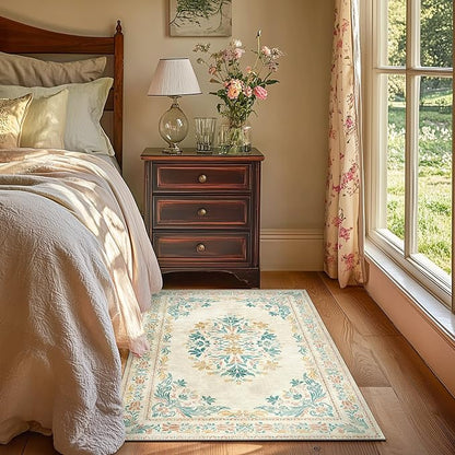 jinchan Vintage Floral 3x5 Area Rugs for Entryway - Machine Washable Distressed Design Ultra-Thin Low-Pile Soft Non-Shedding Carpet for Kitchen Bedroom Laundry Living Room (3x5ft, Apricot Multi)