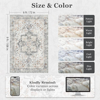 Farmhouse 6x9 Area Rugs for Living Room, Low Pile Thin Washable Non Slip Rugs for Bedroom Dining Room, Distressed Medallion Printed Soft Carpet for Home Office Guest Room, Grey/Orange-Brown