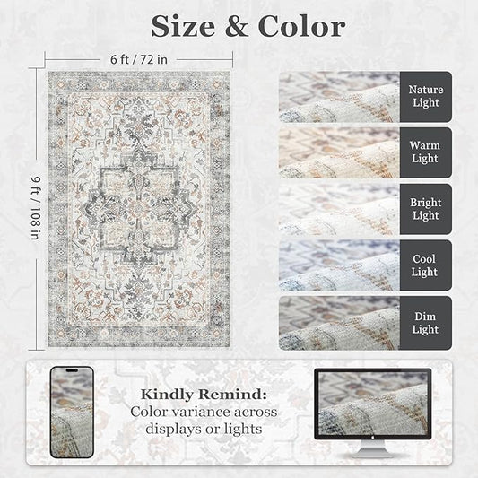 Farmhouse 6x9 Area Rugs for Living Room, Low Pile Thin Washable Non Slip Rugs for Bedroom Dining Room, Distressed Medallion Printed Soft Carpet for Home Office Guest Room, Grey/Orange-Brown