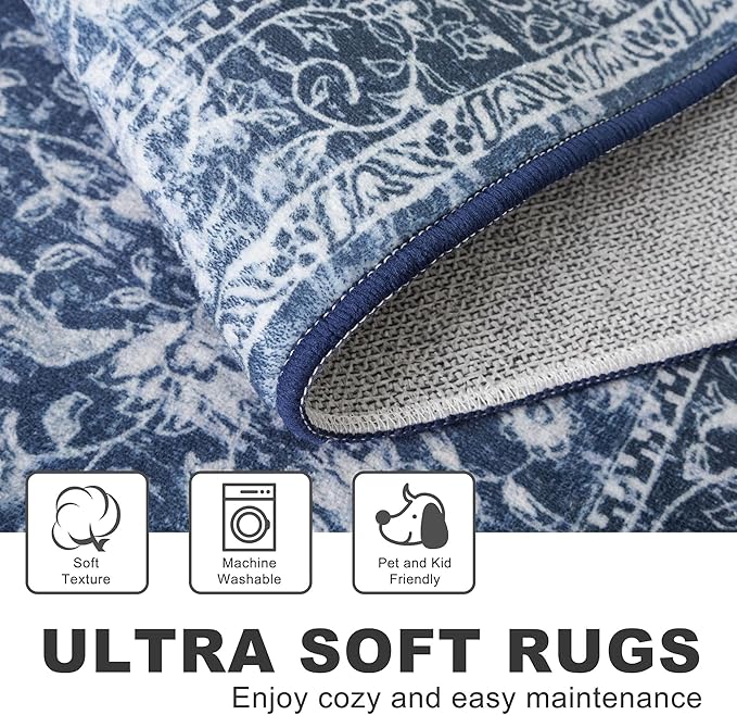 KILOCOCO Area Rug 9x12 Living Room Rug Washable Printed Vintage Floral Non Slip Soft Rubber Backed Indoor Bedroom Rugs for Laundry Room Kitchen Playroom Moroccan Area Rugs, Blue