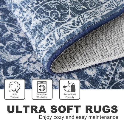 KILOCOCO Area Rug 4x6 Entryway Rug Washable Printed Vintage Floral Rubber Backed Non Slip Indoor Kitchen Rugs for Laundry Room Playroom Bedroom Living Room Moroccan Area Rugs, Navy Blue