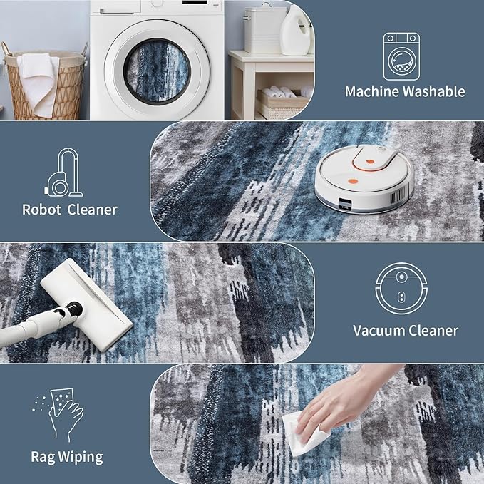 Ciicool Modern Abstract Rug for Living Room, 5'x7' Machine Washable Area Rug Non-Slip Rug, Low-Pile Contemporary Indoor Dining Floor Carpet for Bedroom Office Under Table Home Decor Navy Grey