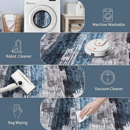 Ciicool Modern Abstract Deep Blue Gray Rug for Living Room, 6'x9' Machine Washable Area Rug Non-Slip Rug, Low-Pile Contemporary Indoor Dining Floor Carpet for Bedroom Office Under Table Home Decor