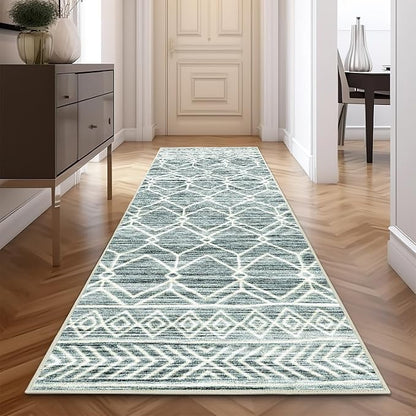 jinchan Moroccan Runner Rug 3x10 - Kitchen Machine Washable Runner Rug Modern Geometric Low-Pile Lightweight Non-Slip Carpet for Entryway Hallway Laundry Room Bedroom Bedside (3x10ft, Teal Blue)