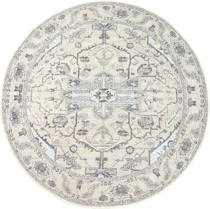 GLN Rugs Traditional Collection - Machine Washable Area Rug, Traditional Washable, Non Slip, Low Pile Chenille Rug, Living Room, Bedroom, Kitchen Rug (5'3" Round Cream/Gray)