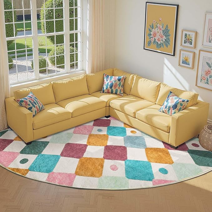 jinchan Macy Kids Rug for Classroom 8ft Radius Corner Washable Area Rug Modern Colorful Quarter Circle Rug Soft Non-Slip Carpet for Nursery Playroom Daycare Reading Nook Living Room Confetti on Cream