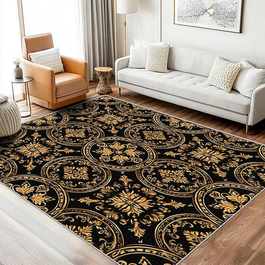 Black Gold Baroque Rug, Washable 6x9 Rug for Living Room, Floral Geometric Patterned Indoor Carpet, Black Gold Baroque Decor for Home, Bedroom, Soft Non Slip Thin Design FER71