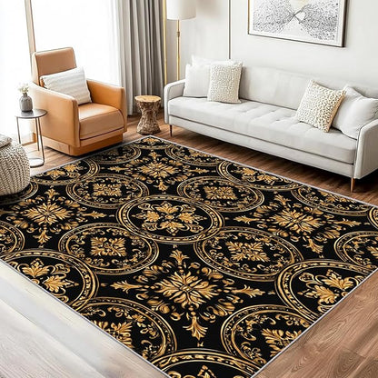 Black Gold Baroque Rug, Washable 5x8 Rug for Living Room, Floral Geometric Patterned Indoor Carpet, Black Gold Baroque Decor for Home, Bedroom, Soft Non Slip Thin Design FER69