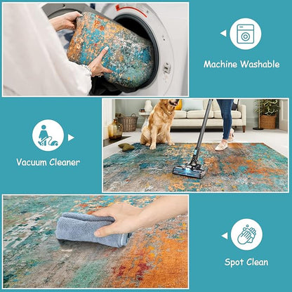 Lahome Modern Abstract Round Rug - 4Ft Colorful Rugs for Entryway Small Bathroom Rugs Washable 4x4 Circle Mat, Contemporary Indoor Floor Accent Carpet for Kitchen Bedroom Family Room Decor