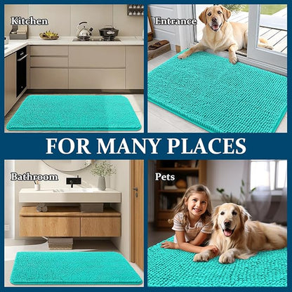OLANLY Dog Door Mat for Muddy Paws 30x20, Absorbs Moisture and Dirt, Absorbent Non-Slip Washable Doormat, Quick Dry Chenille Mud Mat for Dogs, Entry Indoor Entryway Carpet for Inside Floor, Teal