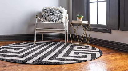 Unique Loom Athens Collection Classic Geometric Modern Border Design Area Rug (6' 0 x 6' 0 Round, Black/ Beige)