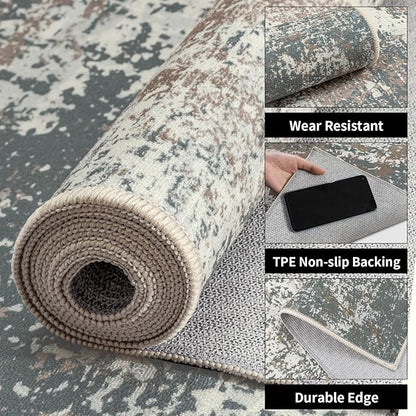 Ciicool 2'6"x10' Washable Runner Rug, Modern Abstract Hallway Rugs Runner, Non-Slip Thin Accent Rug Lightweight Grey Brown Distressed Carpet Runners for Laundry Entryway Bedroom Kitchen Indoor