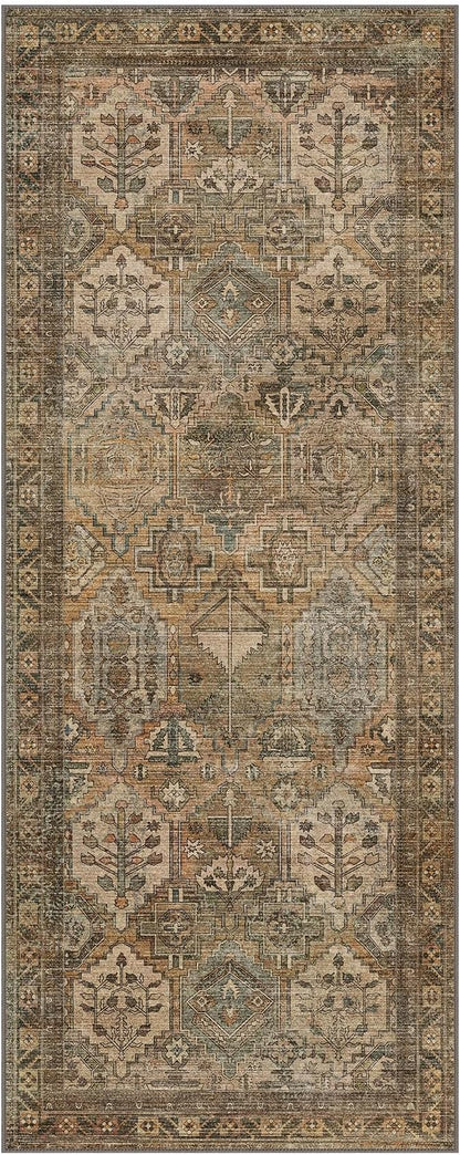 Bavni Kitchen Rug 2x5 Runner Rugs for Hallways Entryway, Washable Vintage Print Carpet, Ultra-Thin Chenille Low Pile Lightweight Rug with Non Slip Backing, Warm Taupe