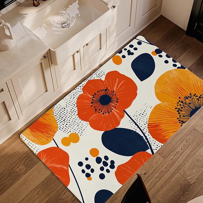 Boho Orange Flowers Autumn Carpet for Living Room, 3x5 Non-Slip Washable Low Pile Abstract Design Rug, Space Saving Area Rug for Bedroom, Dining Room