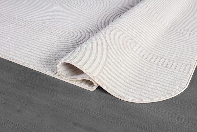 Beverly Rug Modern Geometric Area Rug 4x6 Low-High Pile Durable Soft Abstract Semi-Circles Indoor Rugs for Living Dining Room Office Stain Resistant Non Shedding Indoor Carpet Beige White 4 x 6