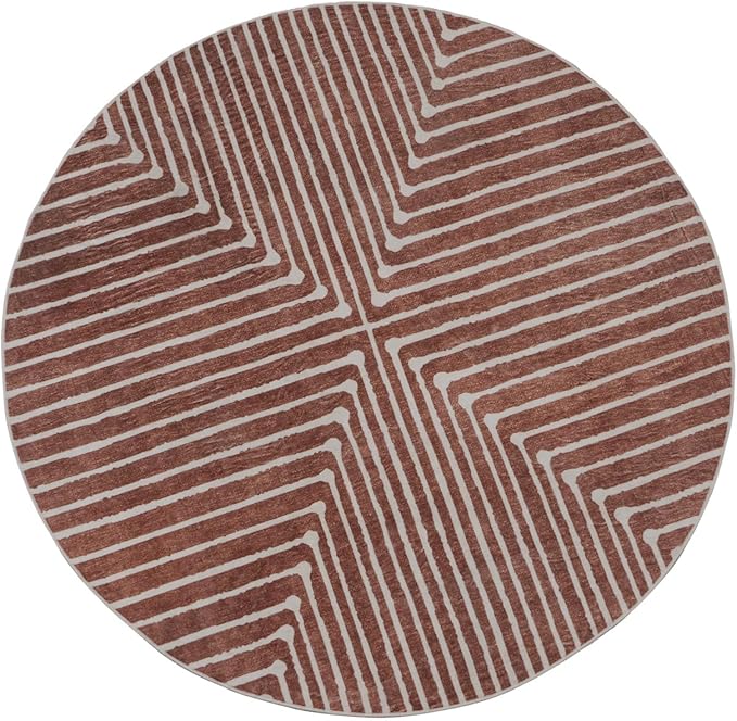 GLN Rugs Contemporary Collection - Machine Washable Area Rug, Contemporary Washable, Non Slip, Low Pile Chenille Rug, Living Room, Bedroom, Kitchen Rug (5'3" Round Beige Orange)