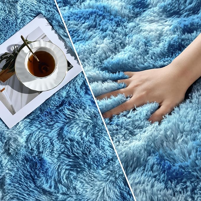 Shag Area Rug, 4 X 6 Tie-Dyed Plush Fuzzy Rugs for Living Room, Ultra Soft Fluffy Furry Rug for Bedroom, Indoor Carpet Nursery Rugs for Kids Room Home Decor, Bright Blue
