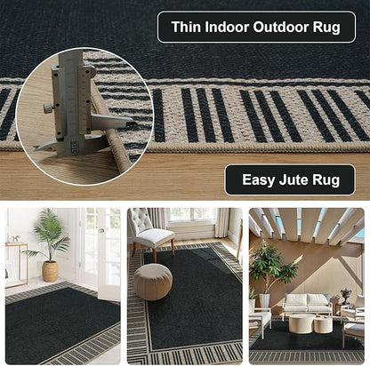 OJIA Easy Jute 3x5 Outdoor Rug Front Door Mats Washable Rugs for Entryway, Striped Border Black Rug Non-Slip Indoor Doormat Outdoor Porch Rug Farmhouse Area Rug for Outside Patio Living Room